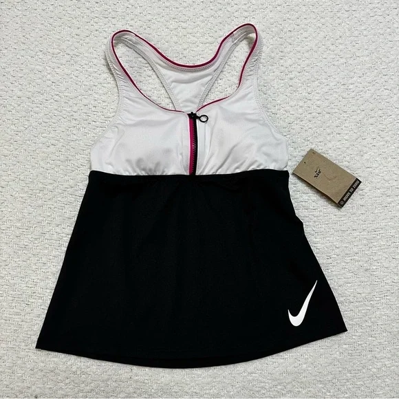 NWT Nike Tankini Swim Top Pink Black White With Zipper Women Sz S - Picture 1 of 7